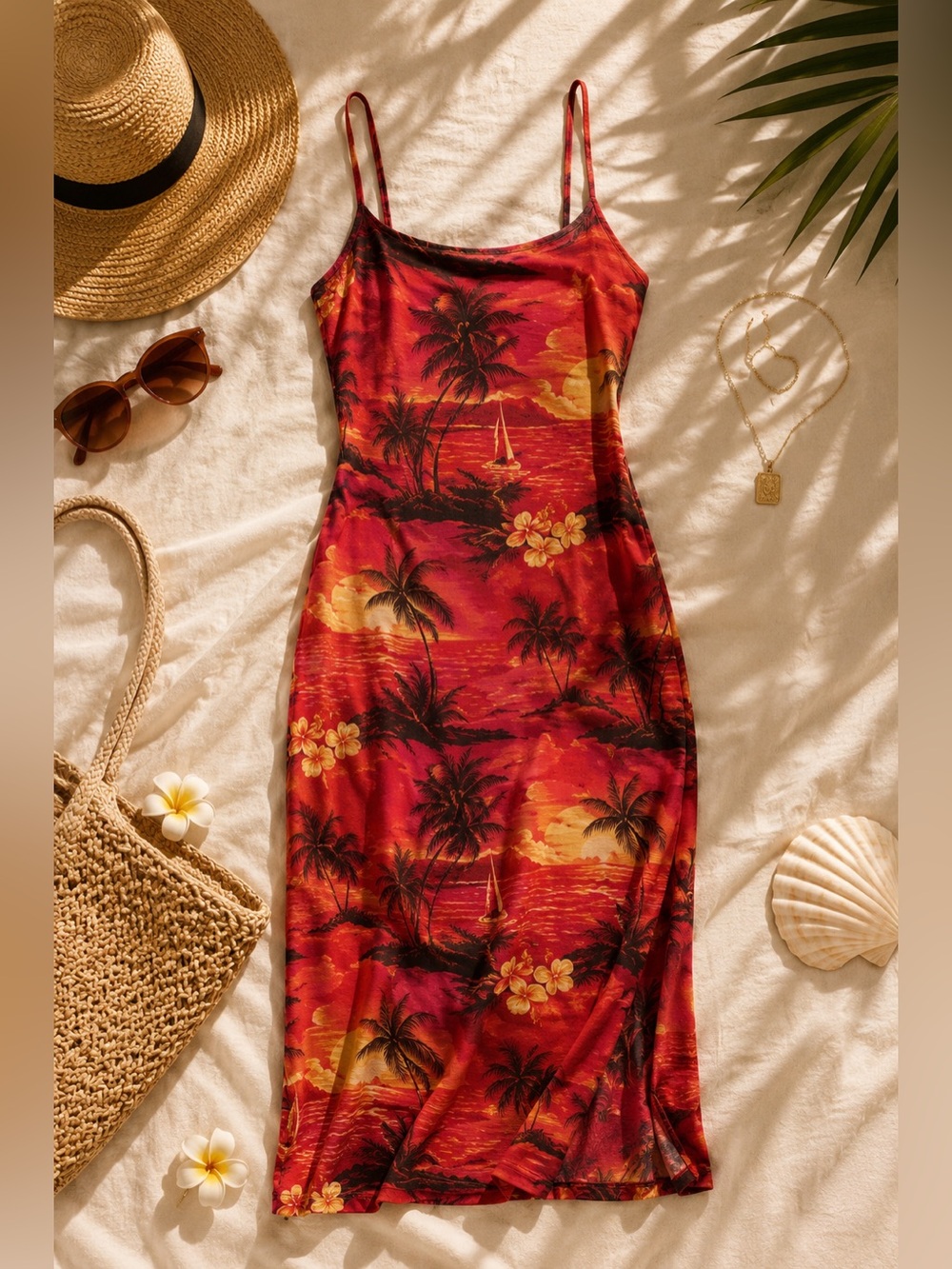 Vintage 90s Tropical Hawaiian Sunset Slip Dress Red Palm Tree Print Y2K Vacation